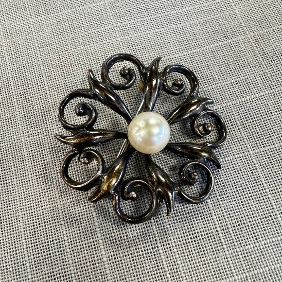 Vintage Symmetalic Open Scrollwork Pin with Pearl Center - Picture 1 of 6